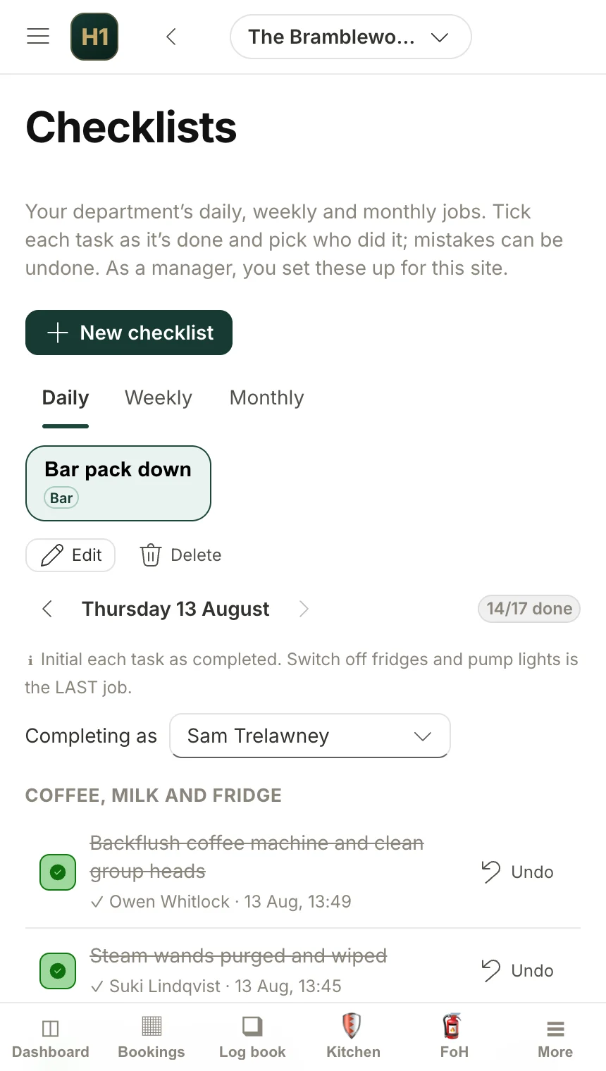 A daily checklist on a phone, fourteen of seventeen jobs ticked off, each showing which member of staff completed it and when.