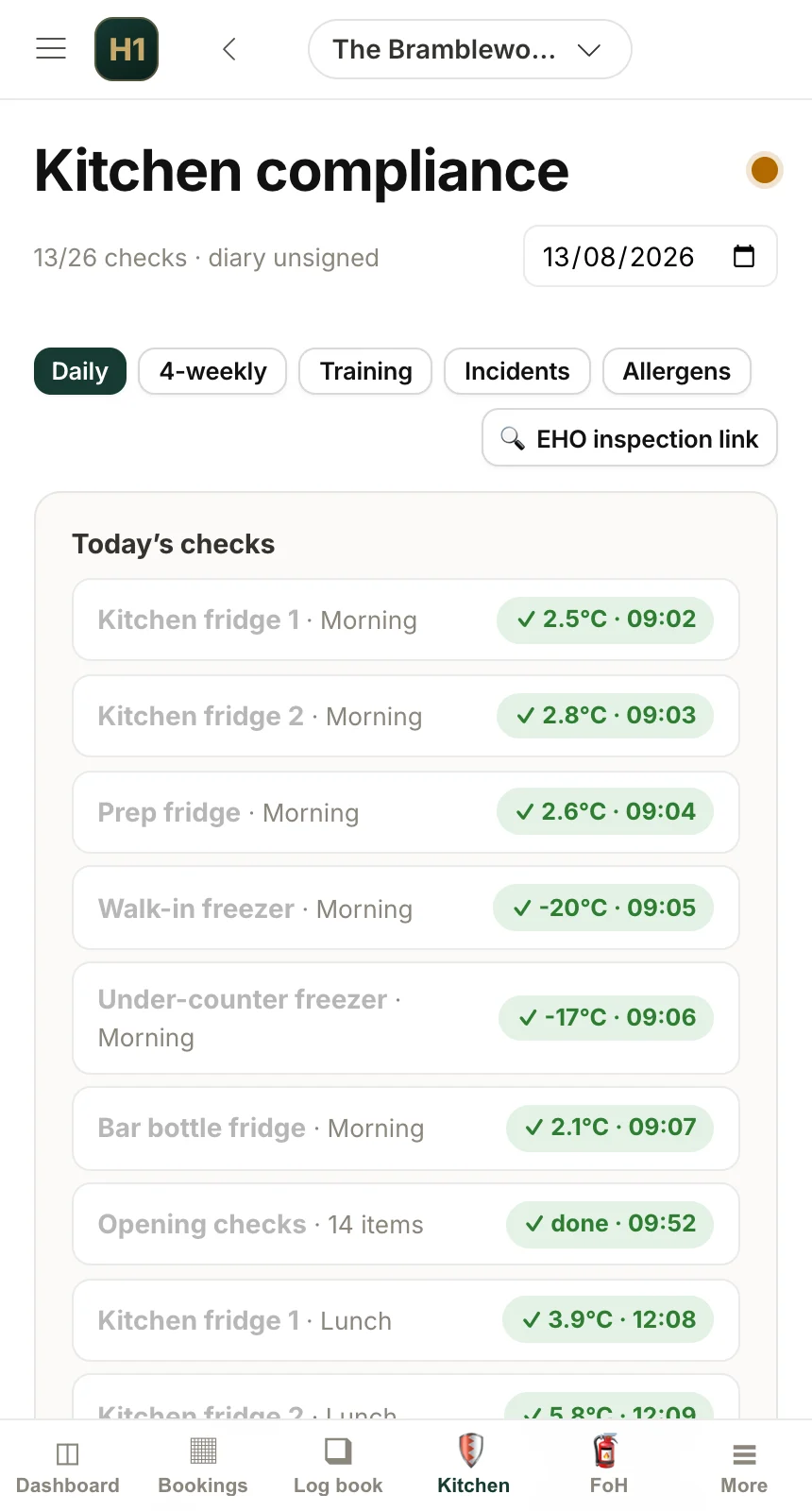 The same kitchen compliance screen on a phone, with today’s checks listed under the Daily tab and the EHO inspection link at the top.