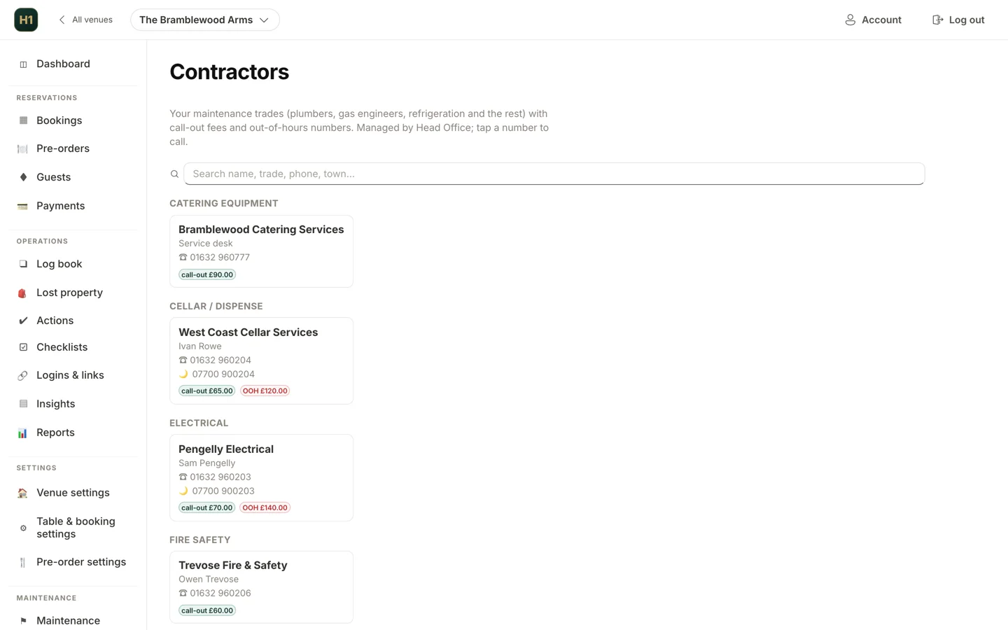 The Hendra One contractors directory: trades grouped by speciality, each with a contact, an out-of-hours number and their call-out fee.