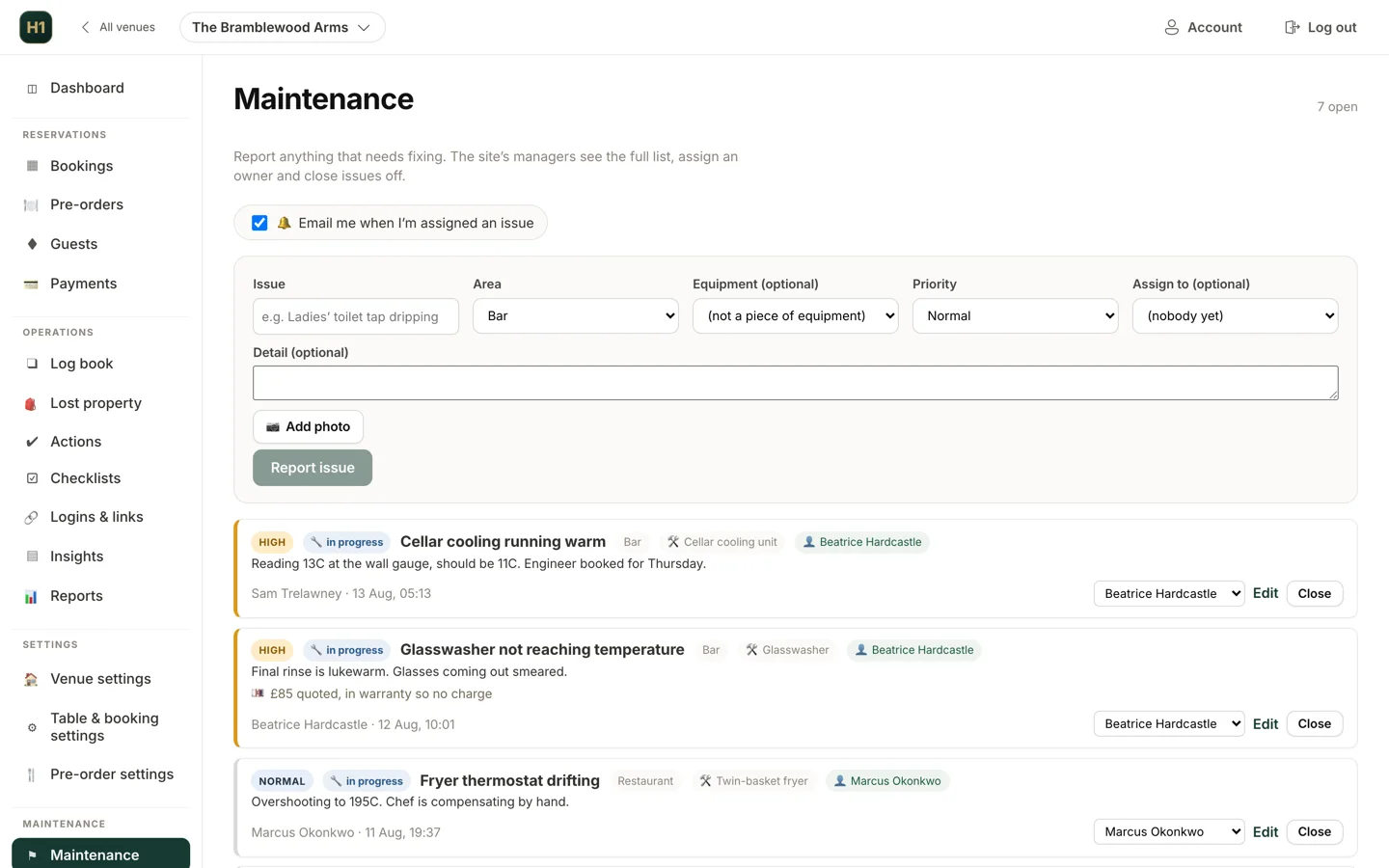 The Hendra One maintenance log: open faults with priority badges, the equipment each one is against, who it is assigned to and what it has cost.